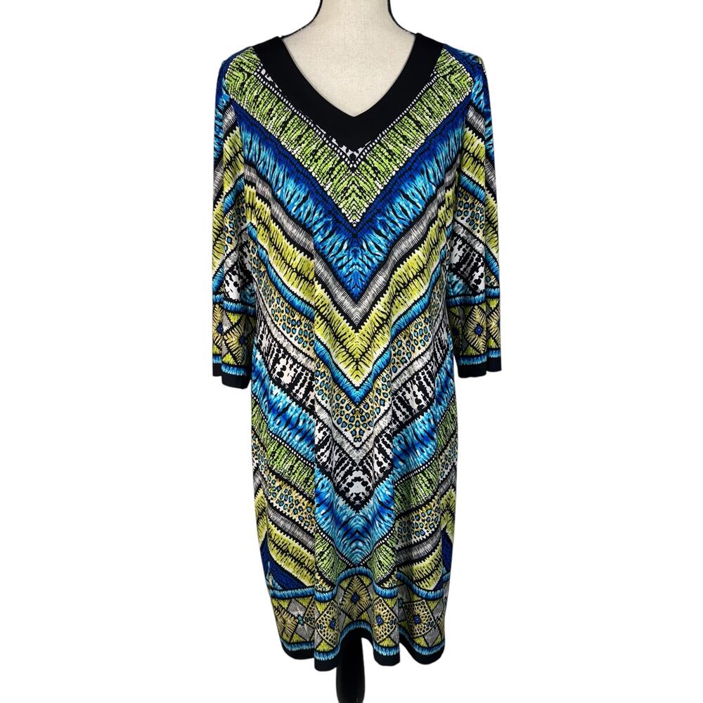 Chico’s SZ 2 (Large) Gracey Dress Geometric Stretch 3/4 Sleeve V-Neck Pullover